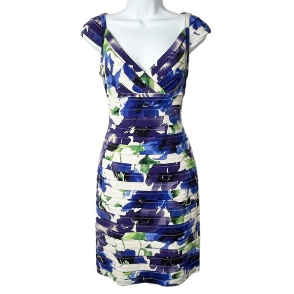 Adrianna Papell Womens Bandage Dress 8 Floral Print Tiered Ruffle Sheath Bodycon - Picture 1 of 9